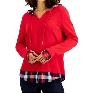 TOMMY HILFIGER 2-For-One Hooded Plaid Long Sleeves Top